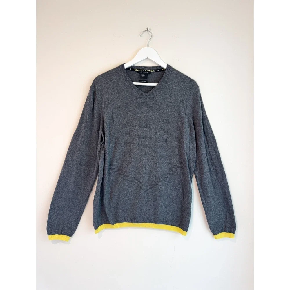 Armani Exchange A|X Men's Grey V-Neck Cotton Cashmere Sweater Yellow Trim Sz  XL